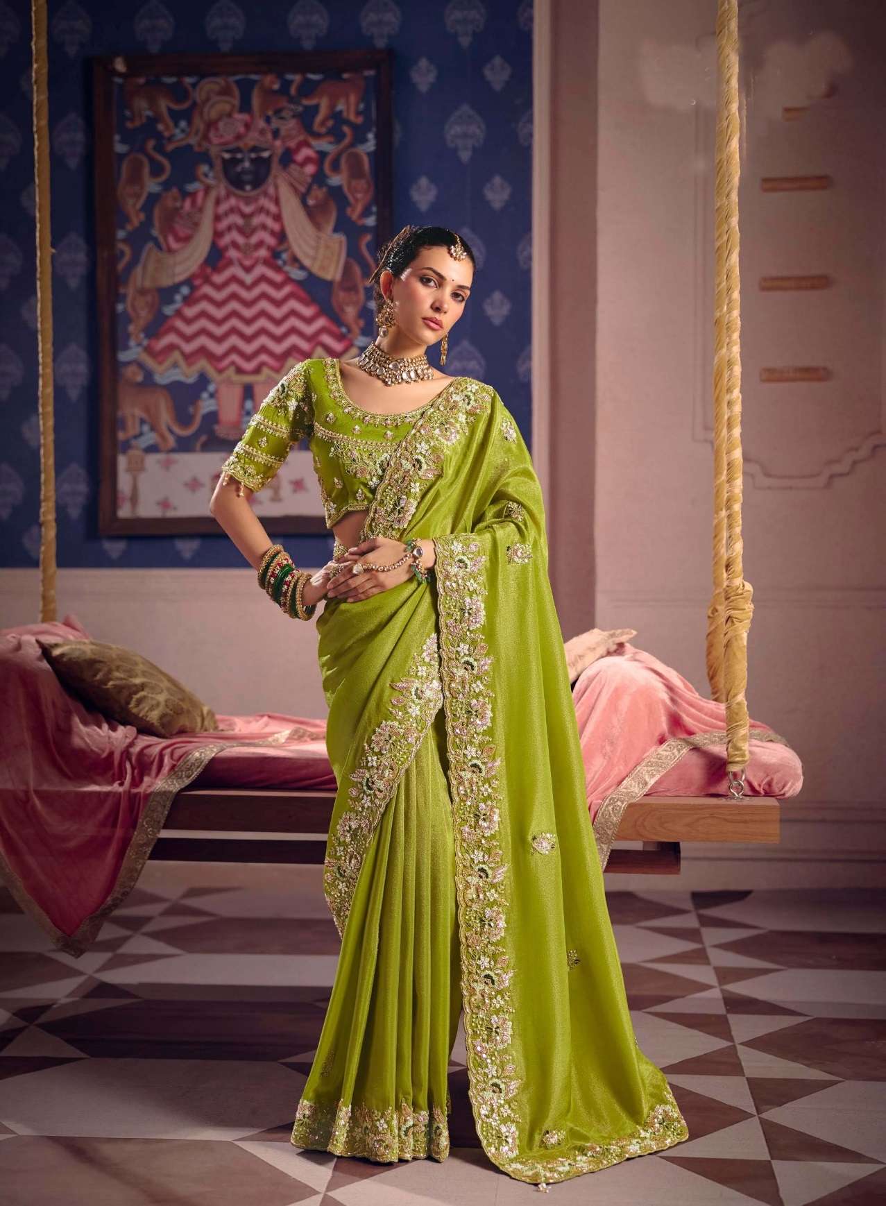 DESIGNER WEDDING PARTY WEAR PREMIUM SILK GREEN SAREE WITH BEADS AND THREAD SEQUENCE WORK COLLECTION SM SULAKSHMI 8802