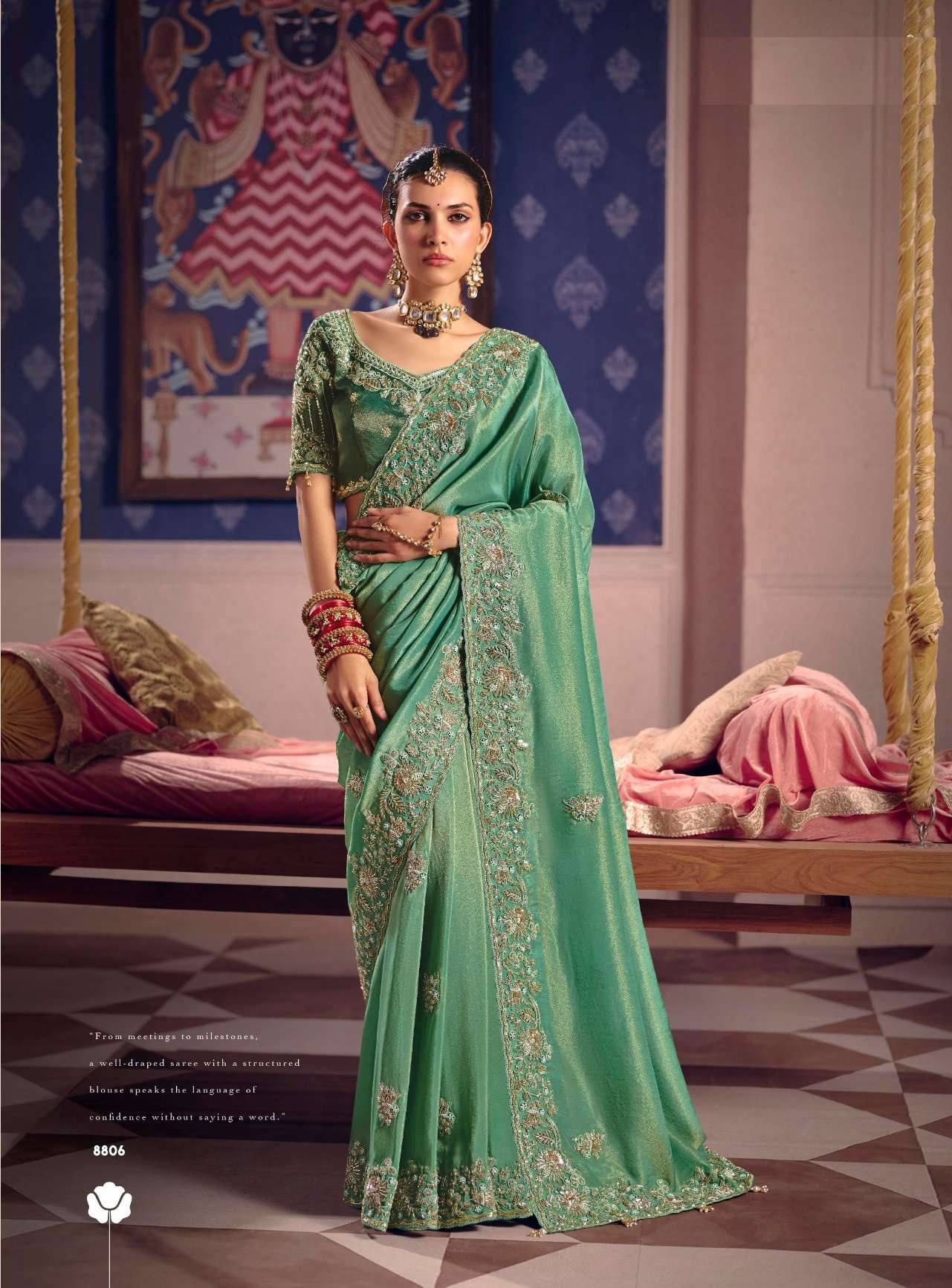 DESIGNER WEDDING PARTY WEAR PREMIUM SILK GREEN SAREE WITH BEADS AND THREAD SEQUENCE WORK COLLECTION SM SULAKSHMI 8806
