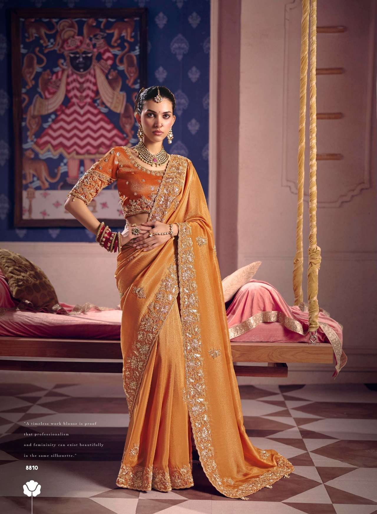 DESIGNER WEDDING PARTY WEAR PREMIUM SILK ORANGE SAREE WITH BEADS AND THREAD SEQUENCE WORK COLLECTION SM SULAKSHMI 8810