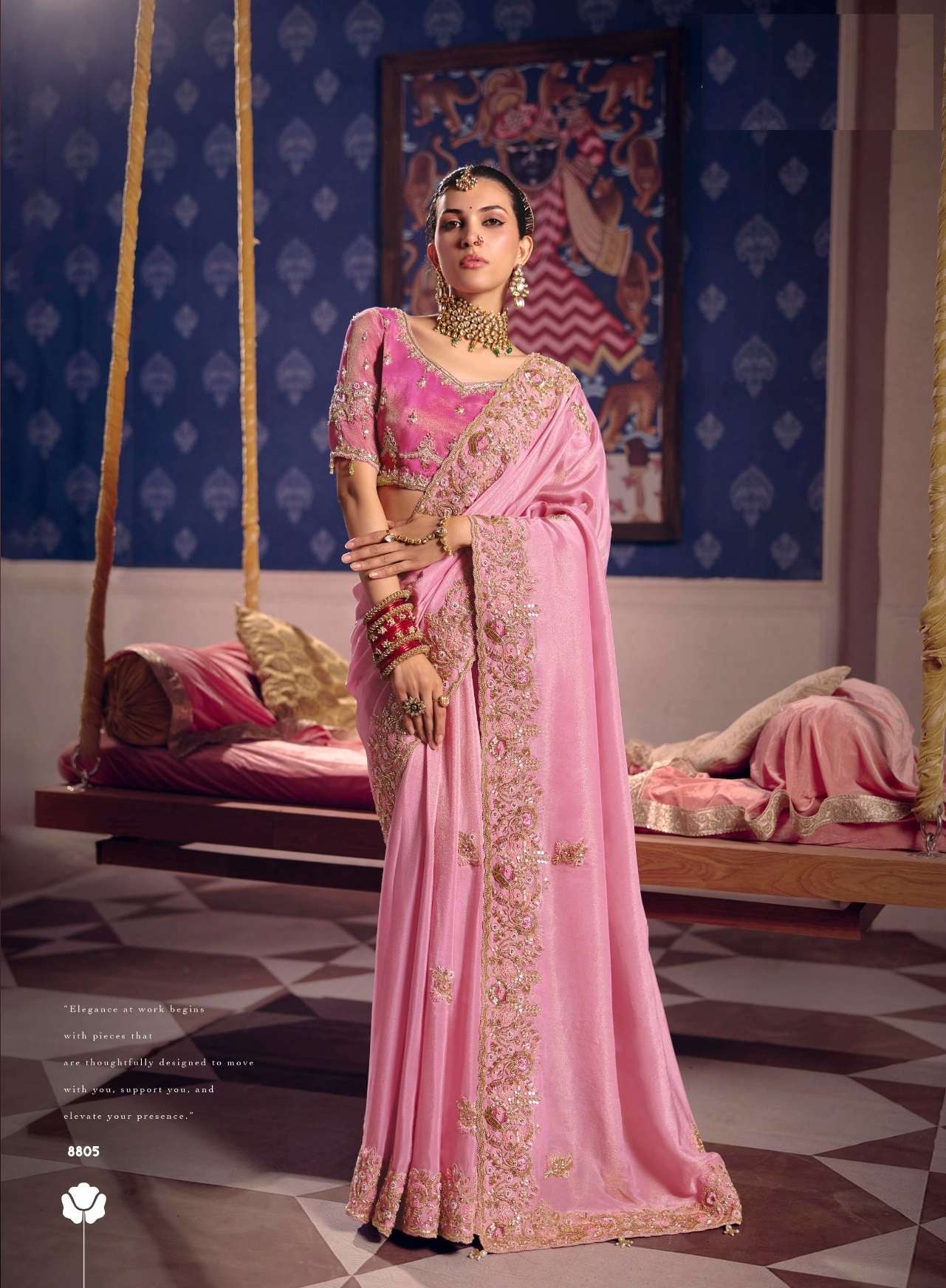 DESIGNER WEDDING PARTY WEAR PREMIUM SILK PINK SAREE WITH BEADS AND THREAD SEQUENCE WORK COLLECTION SM SULAKSHMI 8805