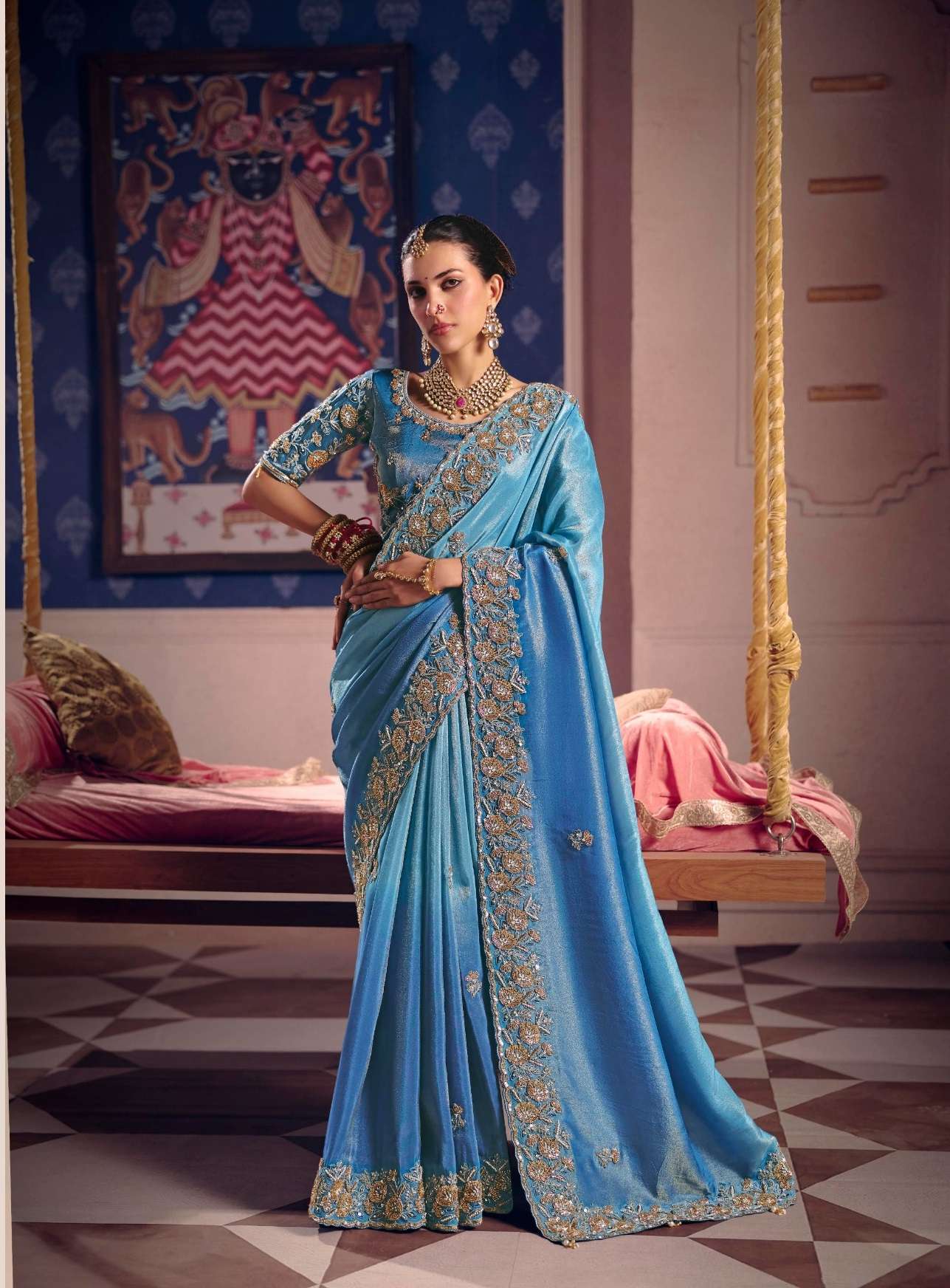 DESIGNER WEDDING PARTY WEAR PREMIUM SILK SKY BLUE SAREE WITH BEADS AND THREAD SEQUENCE WORK COLLECTION SM SULAKSHMI 8811