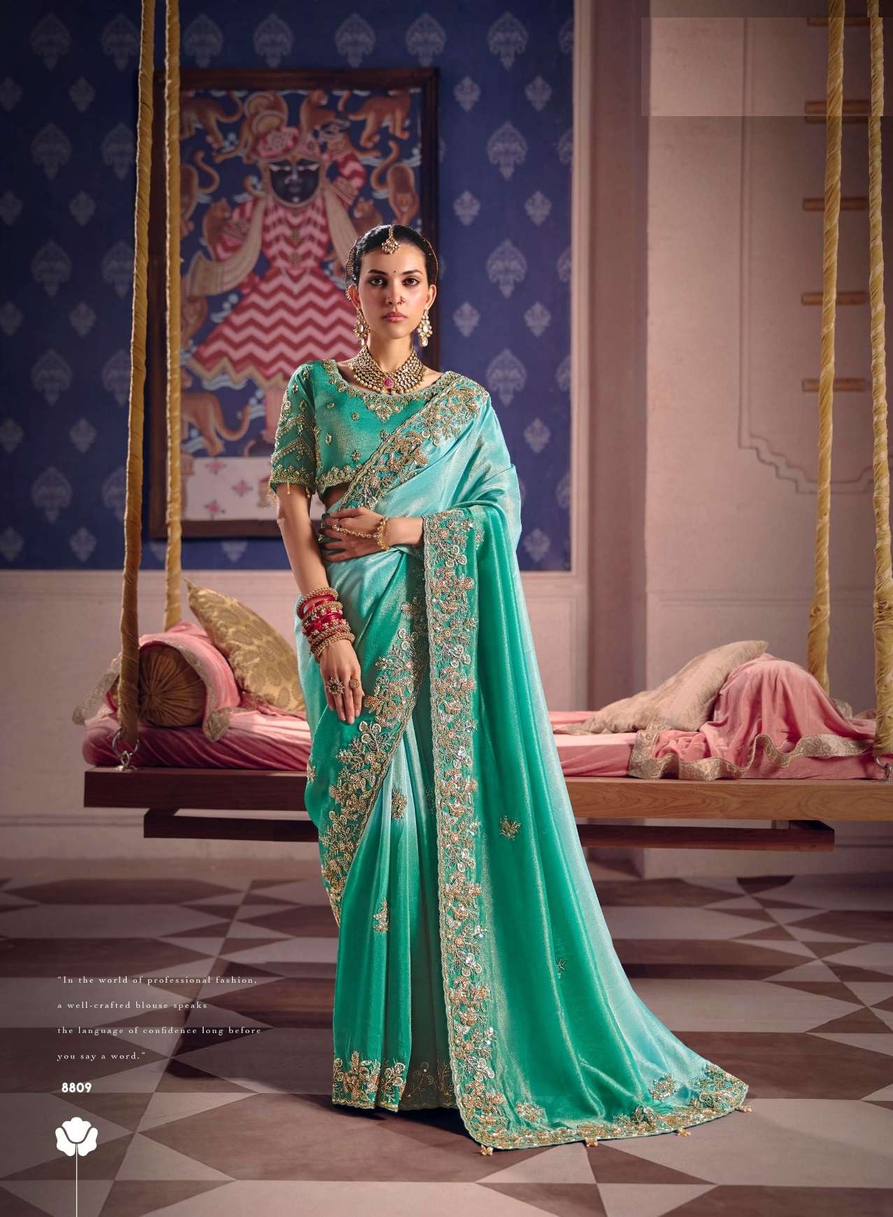 DESIGNER WEDDING PARTY WEAR PREMIUM SILK TEAL GREEN SAREE WITH BEADS AND THREAD SEQUENCE WORK COLLECTION SM SULAKSHMI 8809
