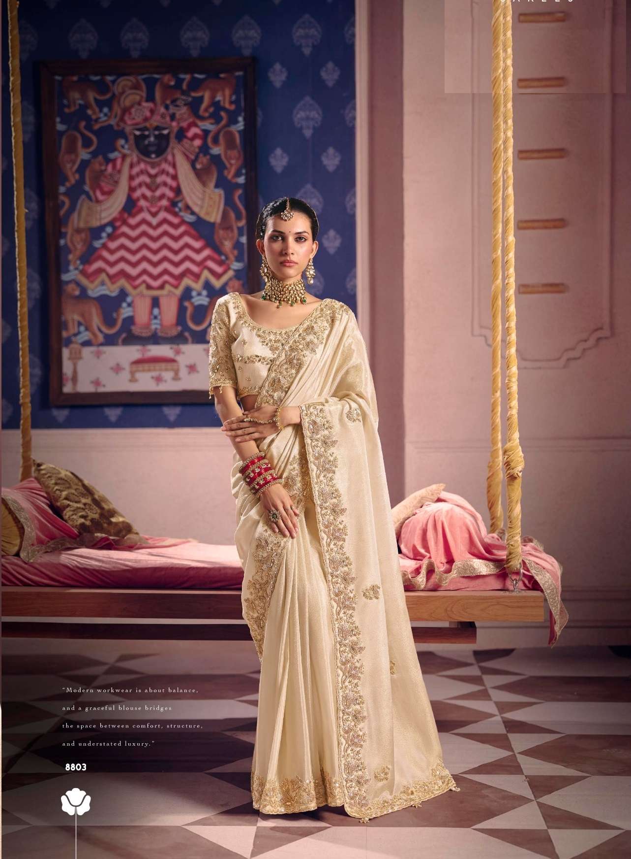 DESIGNER WEDDING PARTY WEAR PREMIUM SILK WHITE SAREE WITH BEADS AND THREAD SEQUENCE WORK COLLECTION SM SULAKSHMI 8803