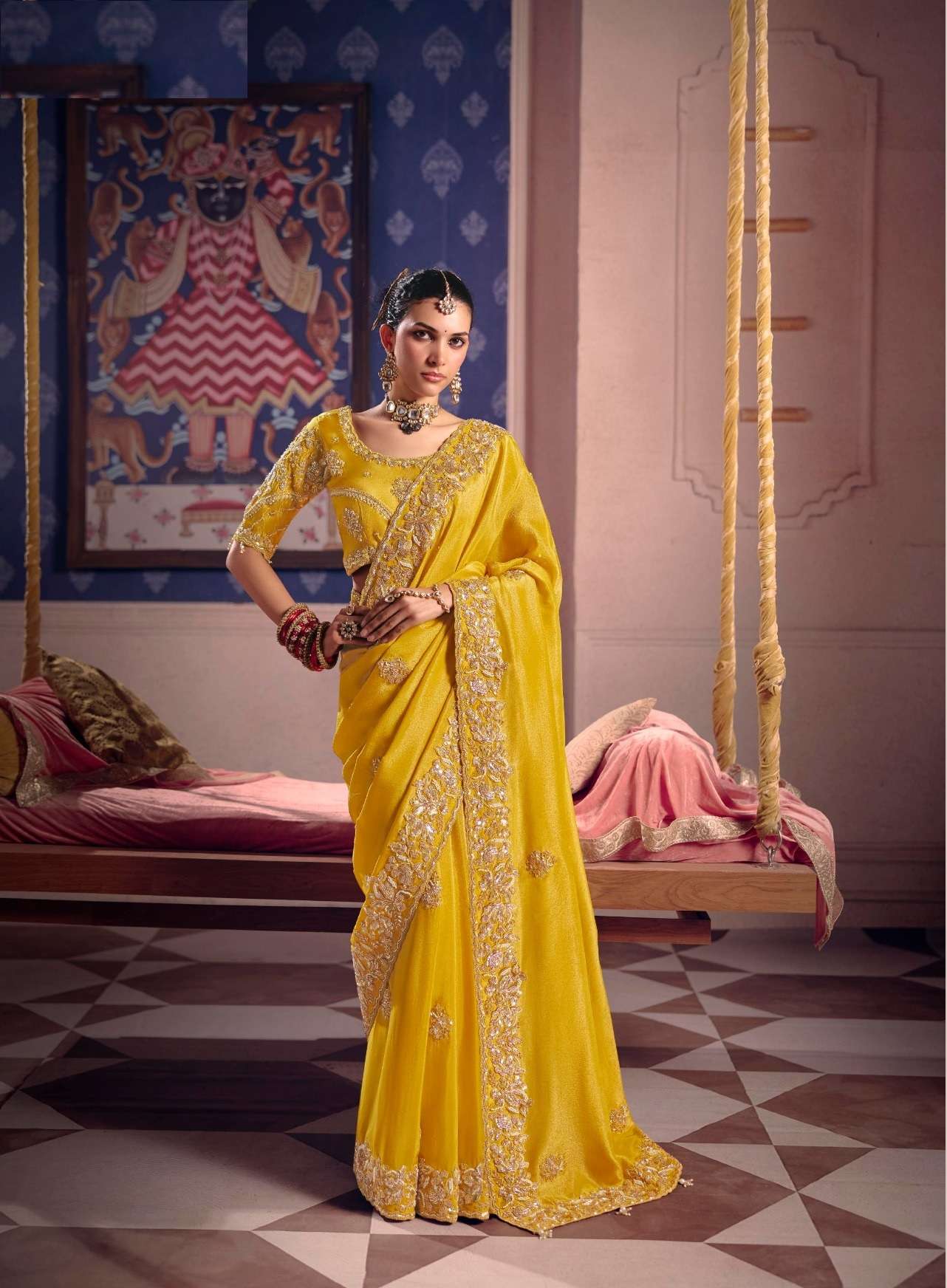 DESIGNER WEDDING PARTY WEAR PREMIUM SILK YELLOW SAREE WITH BEADS AND THREAD SEQUENCE WORK COLLECTION SM SULAKSHMI 8807