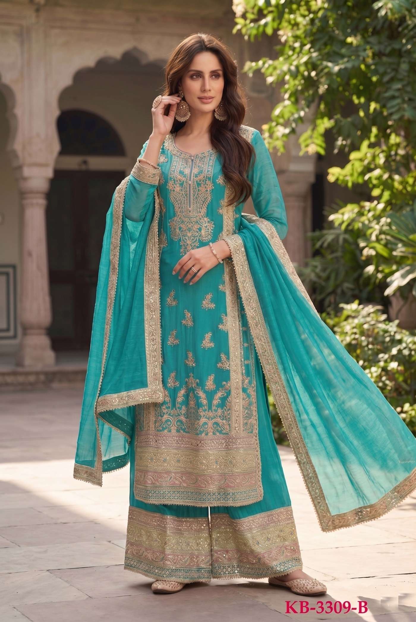 DESIGNER WEDDING PARTY WEAR REAL CHINON BLUE PALAZZO SHARARA SALWAR SUIT KB 3309 B