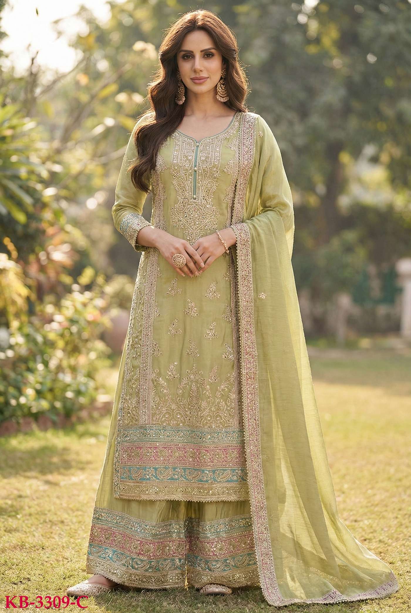 DESIGNER WEDDING PARTY WEAR REAL CHINON GREEN PALAZZO SHARARA SALWAR SUIT KB 3309 C