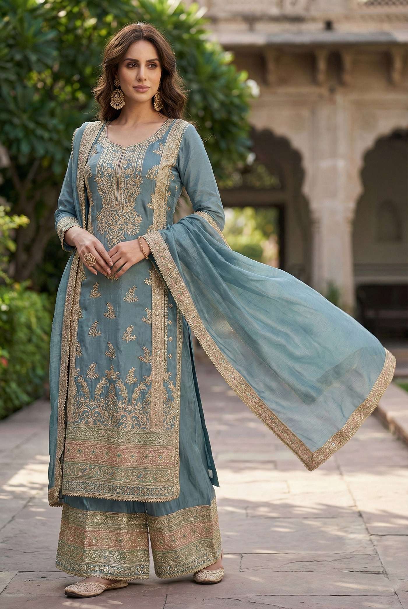 DESIGNER WEDDING PARTY WEAR REAL CHINON GREY PALAZZO SHARARA SALWAR SUIT KB 3309 A