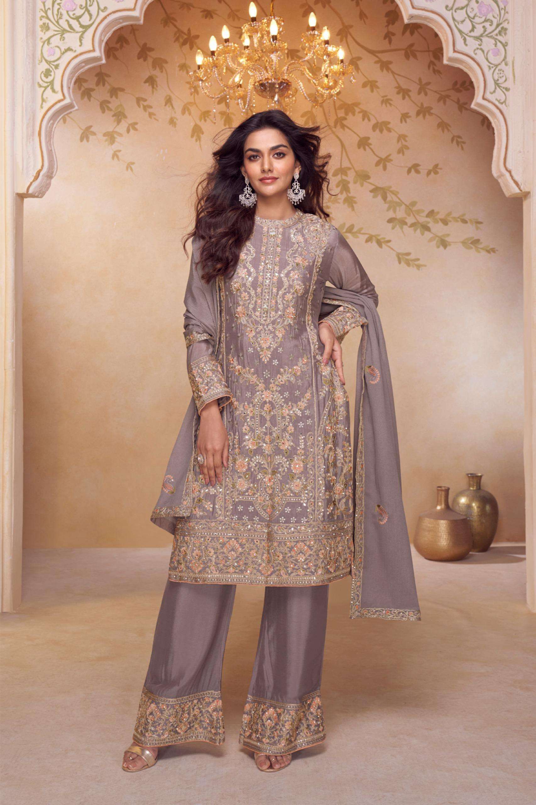 DESIGNER WEDDING PARTY WEAR REAL CHINON PALAZZO GREY SHARARA SALWAR SUIT GL NAZAKAT 7667 A