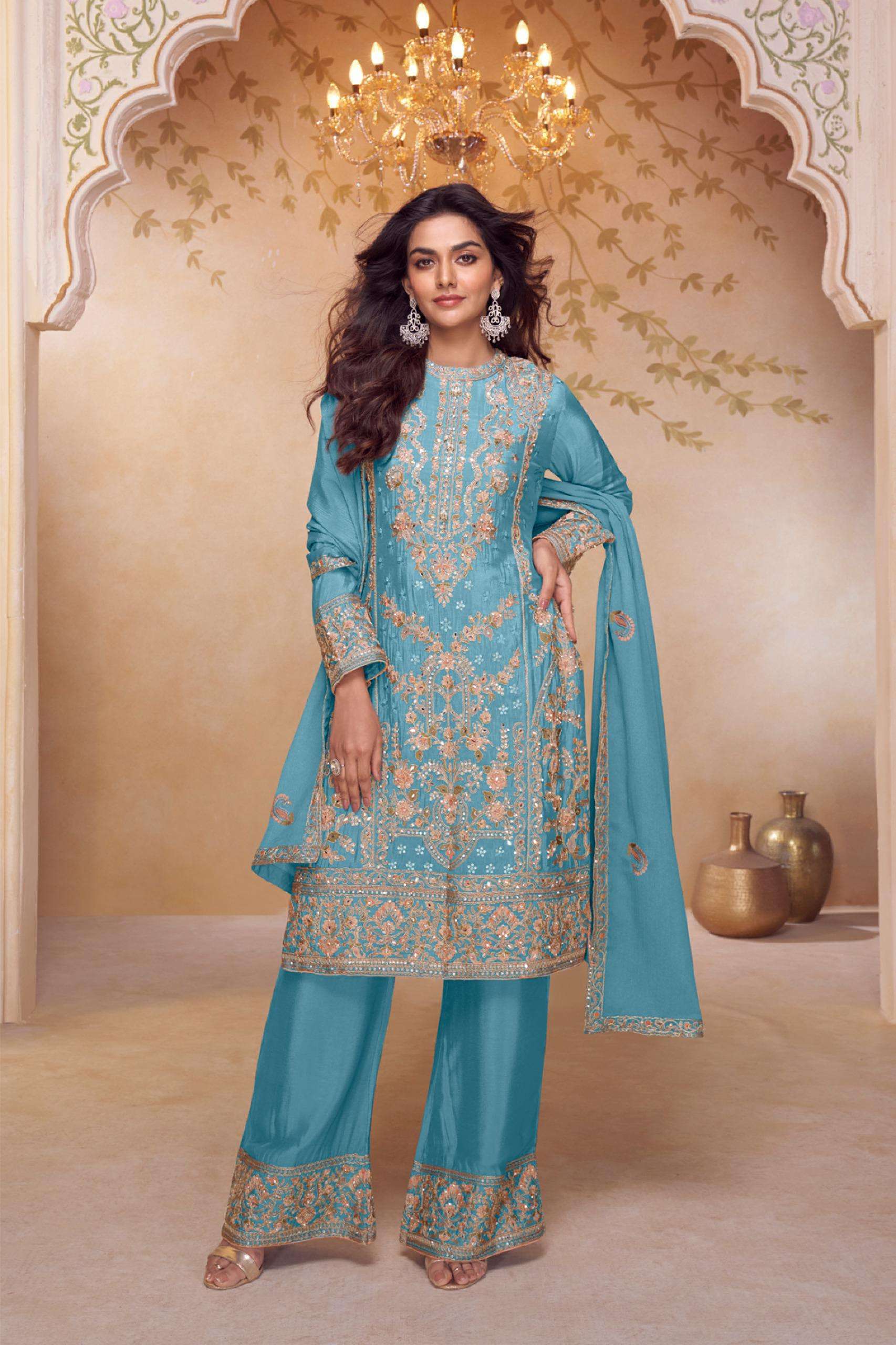 DESIGNER WEDDING PARTY WEAR REAL CHINON PALAZZO SHARARA SALWAR SUIT GL NAZAKAT 7667 C