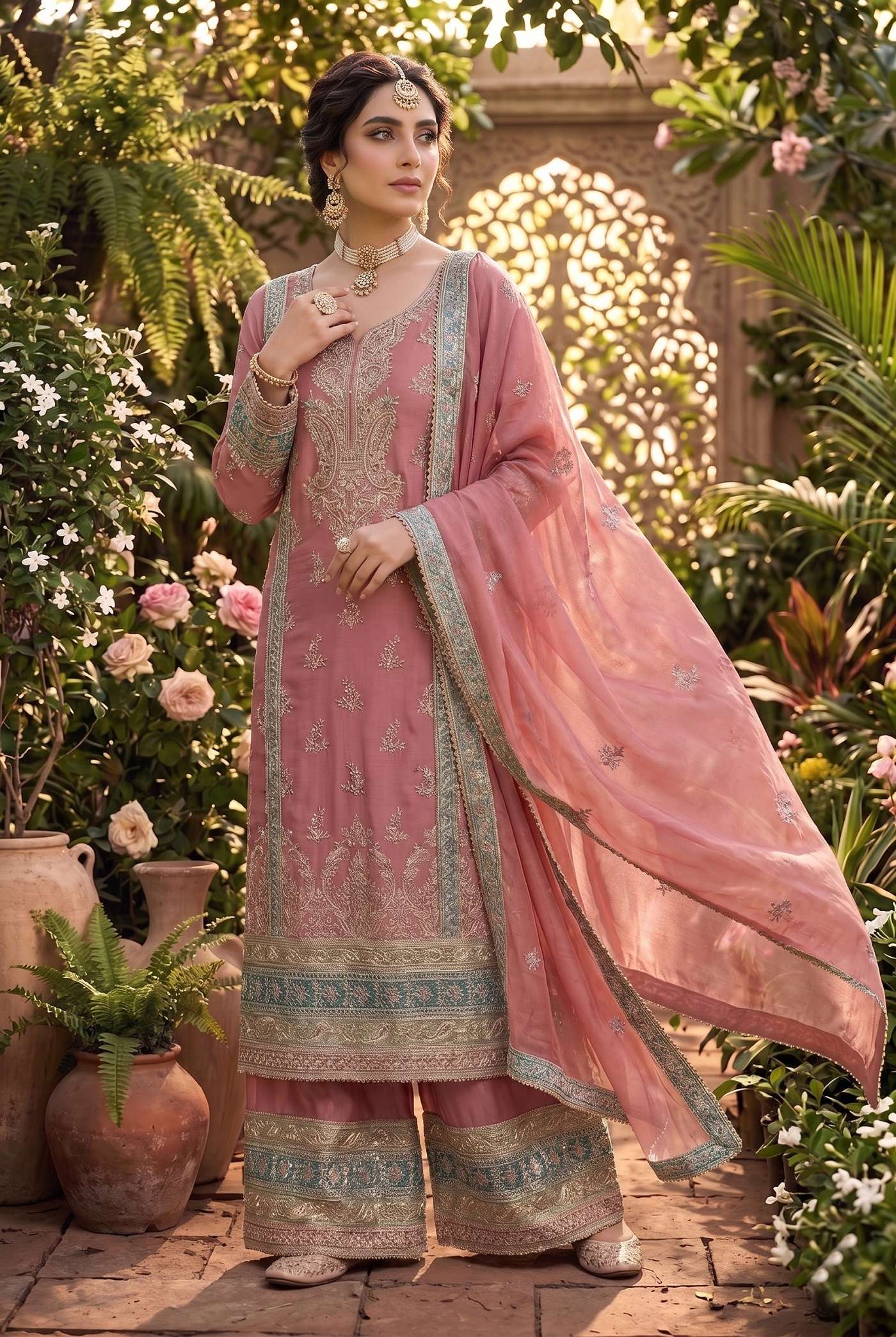 DESIGNER WEDDING PARTY WEAR REAL CHINON PEACH PALAZZO SHARARA SALWAR SUIT KB 3309 D
