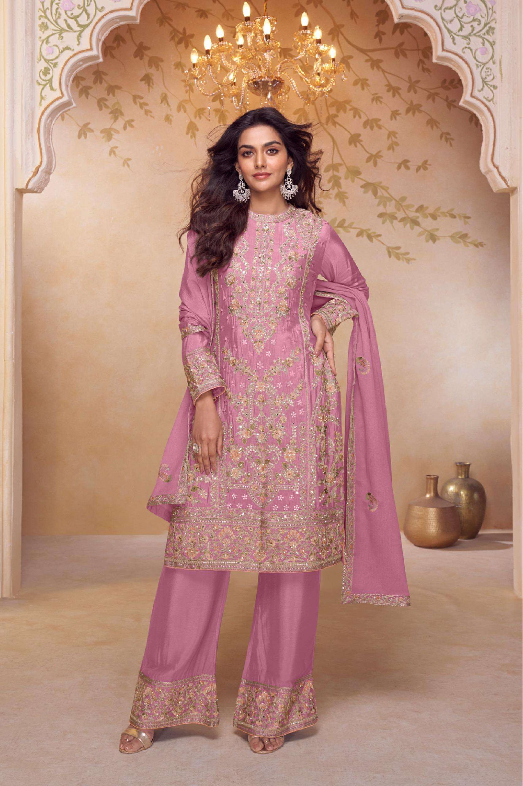DESIGNER WEDDING PARTY WEAR REAL CHINON PINK PALAZZO SHARARA SALWAR SUIT GL NAZAKAT 7667 B