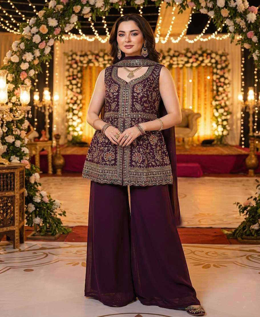 DESIGNER WEDDING PARTY WEAR STAR GEORGETTE SEQUENCE WORK MAGENTA SHARARA SALWAR SUIT KB 3316 B