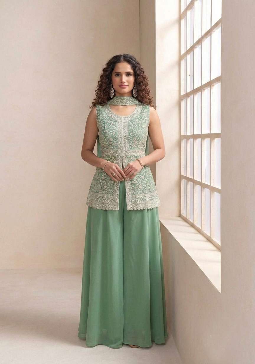 DESIGNER WEDDING PARTY WEAR STAR GEORGETTE SEQUENCE WORK PISTA GREEN SHARARA SALWAR SUIT KB 3317 A