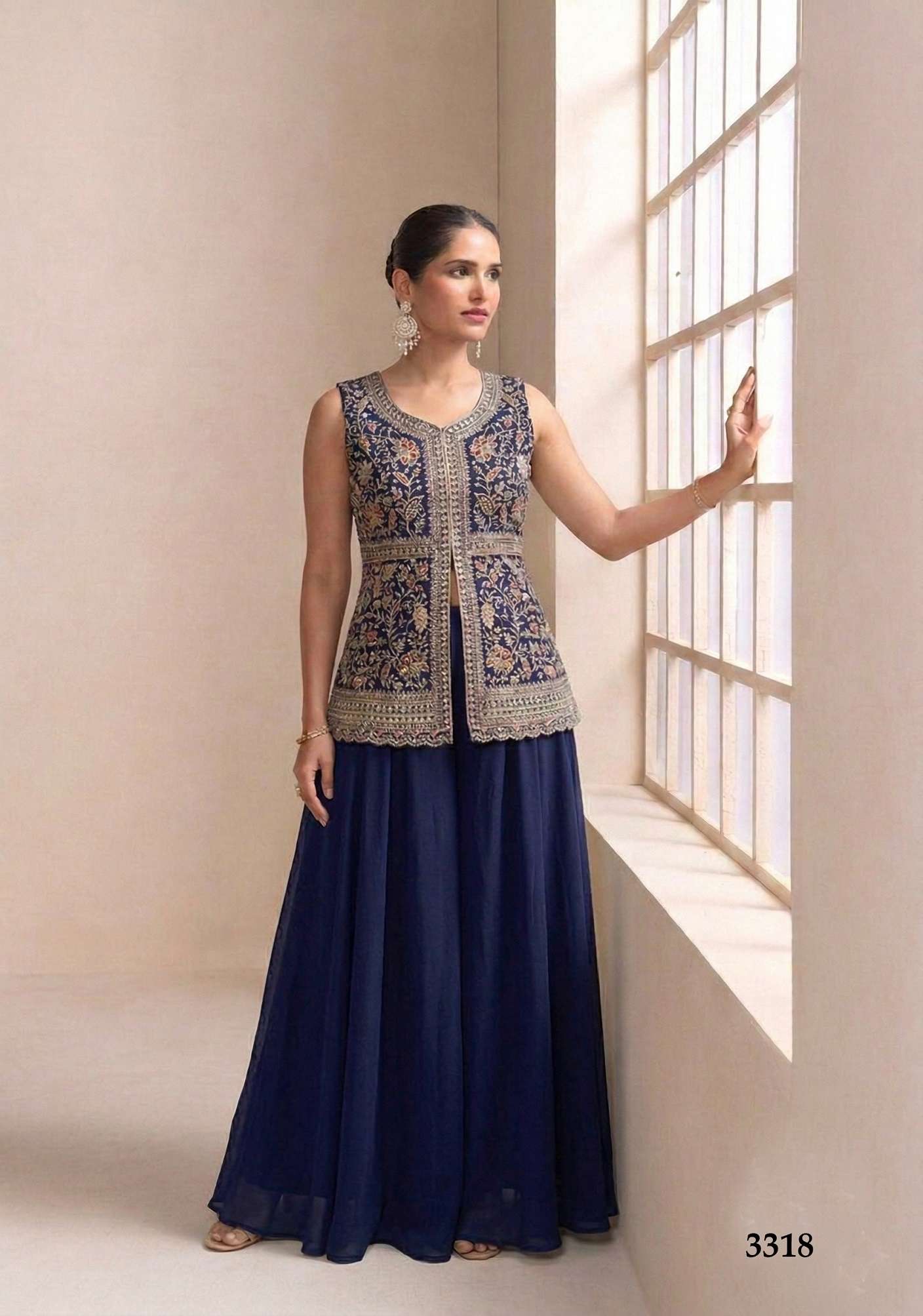 DESIGNER WEDDING PARTY WEAR STAR GEORGETTE SEQUENCE WORK BLUE SHARARA SALWAR SUIT KB 3318