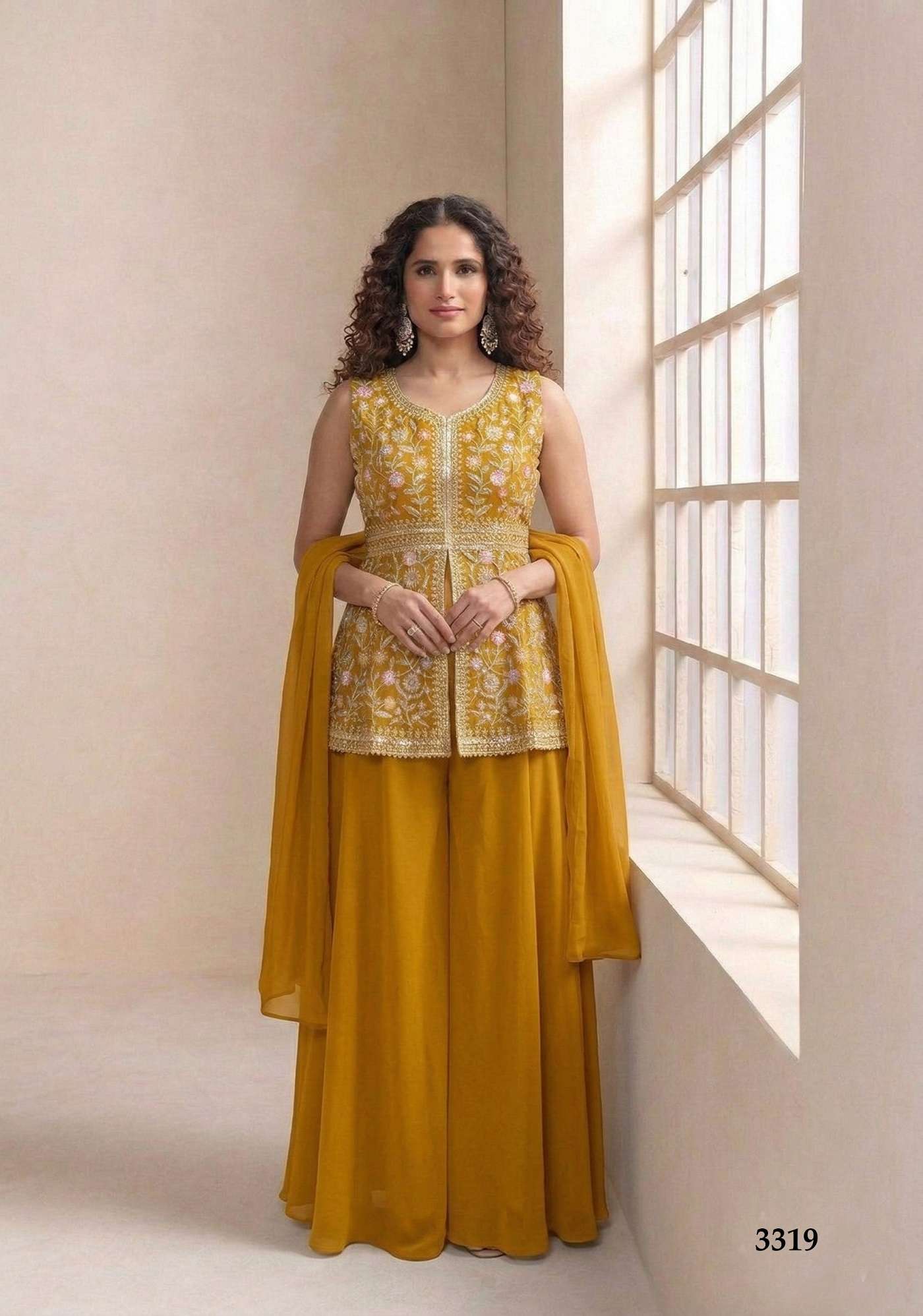 DESIGNER WEDDING PARTY WEAR STAR GEORGETTE SEQUENCE WORK YELLOW SHARARA SALWAR SUIT KB 3319