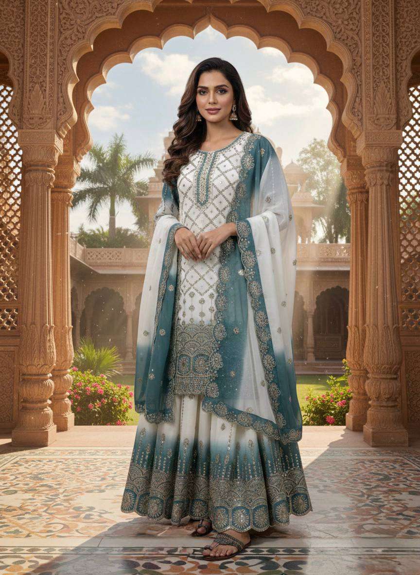 DESIGNER WEDDING PARTY WEAR STAR GEORGETTE SEQUENCE WORK WHITE BLUE SHARARA SALWAR SUIT DV RESHAM A