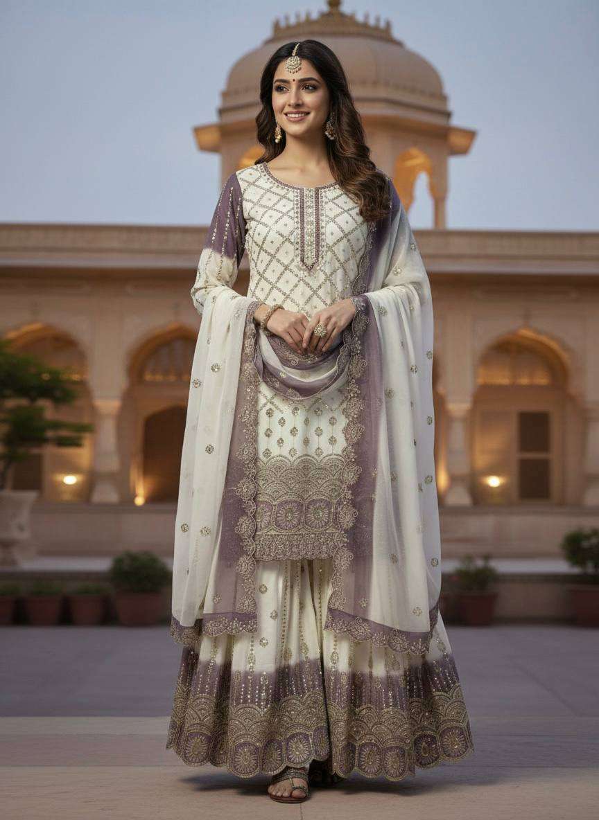 DESIGNER WEDDING PARTY WEAR STAR GEORGETTE SEQUENCE WORK WHITE PURPLE SHARARA SALWAR SUIT DV RESHAM B