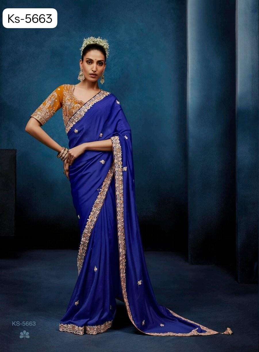 DESIGNER WEDDING PARTY WEAR TISSUE SILK BLUE SAREE WITH HAND WORK THREAD SEQUENCE WORK SM KM MASTANI 5663