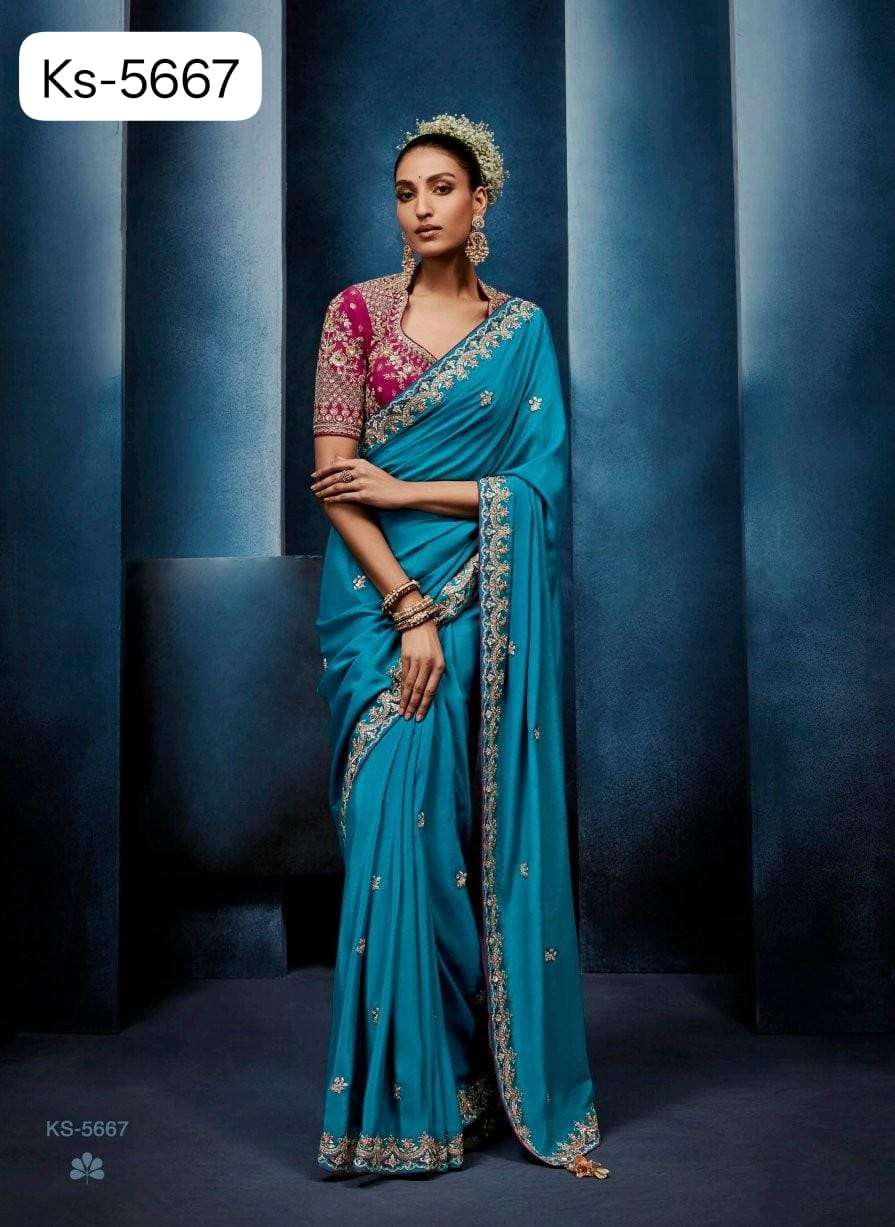 DESIGNER WEDDING PARTY WEAR TISSUE SILK BLUE SAREE WITH HAND WORK THREAD SEQUENCE WORK SM KM MASTANI 5667