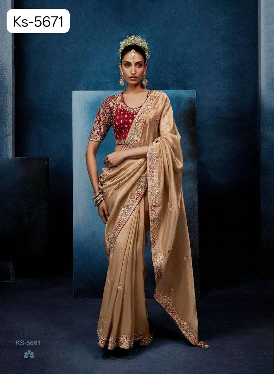 DESIGNER WEDDING PARTY WEAR TISSUE SILK CHIKU SAREE WITH HAND WORK THREAD SEQUENCE WORK SM KM MASTANI 5671