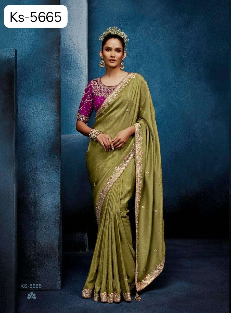 DESIGNER WEDDING PARTY WEAR TISSUE SILK GREEN SAREE WITH HAND WORK THREAD SEQUENCE WORK SM KM MASTANI 5665