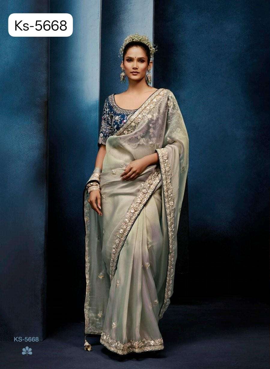 DESIGNER WEDDING PARTY WEAR TISSUE SILK GREY SAREE WITH HAND WORK THREAD SEQUENCE WORK SM KM MASTANI 5668