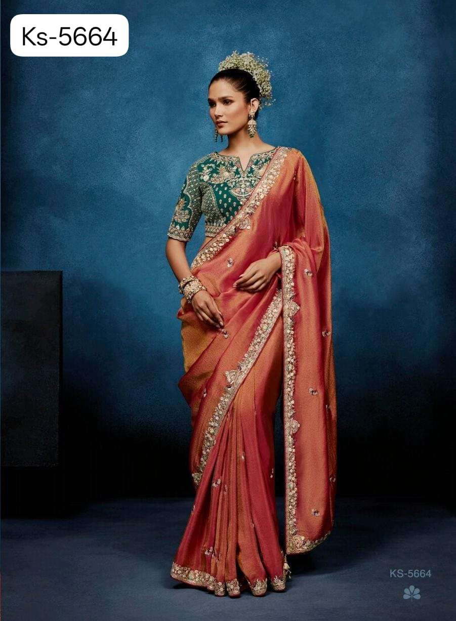 DESIGNER WEDDING PARTY WEAR TISSUE SILK ORANGE SAREE WITH HAND WORK THREAD SEQUENCE WORK SM KM MASTANI 5664
