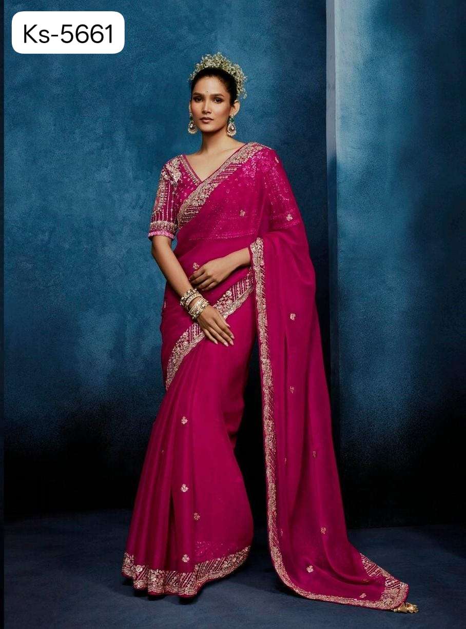 DESIGNER WEDDING PARTY WEAR TISSUE SILK PINK SAREE WITH HAND WORK THREAD SEQUENCE WORK SM KM MASTANI 5661