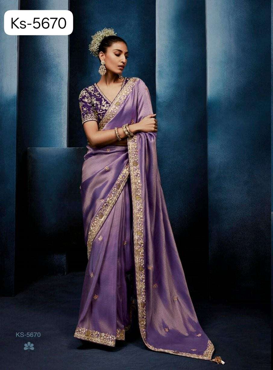 DESIGNER WEDDING PARTY WEAR TISSUE SILK PURPLE SAREE WITH HAND WORK THREAD SEQUENCE WORK SM KM MASTANI 5670
