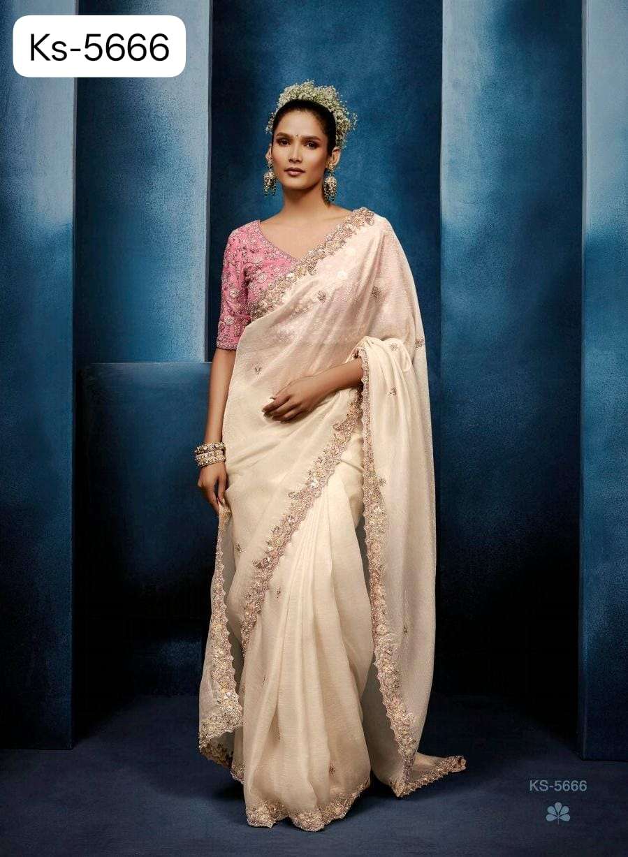 DESIGNER WEDDING PARTY WEAR TISSUE SILK WHITE SAREE WITH HAND WORK THREAD SEQUENCE WORK SM KM MASTANI 5666
