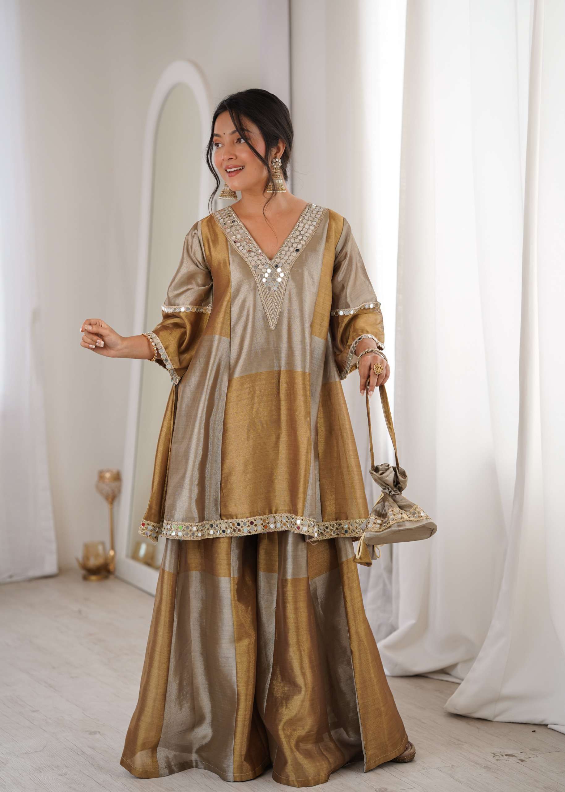 DESIGNER WEDDING PARTY WEAR TISSUE SILK YELLOW PALAZZO SHARARA SALWAR SUIT LW 9330