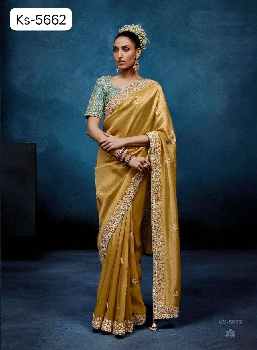 DESIGNER WEDDING PARTY WEAR TISSUE SILK YELLOW SAREE WITH HAND WORK THREAD SEQUENCE WORK SM KM MASTANI 5662
