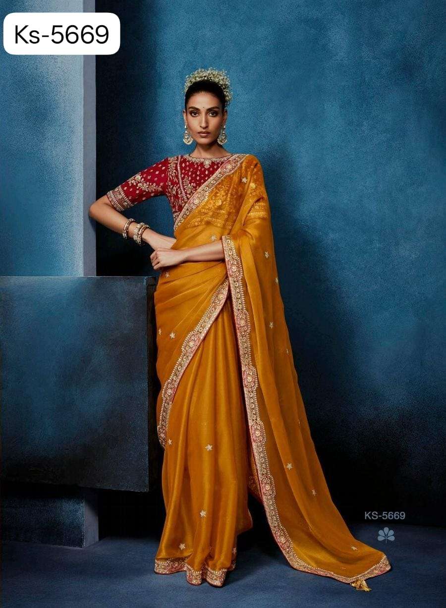 DESIGNER WEDDING PARTY WEAR TISSUE SILK YELLOW SAREE WITH HAND WORK THREAD SEQUENCE WORK SM KM MASTANI 5669