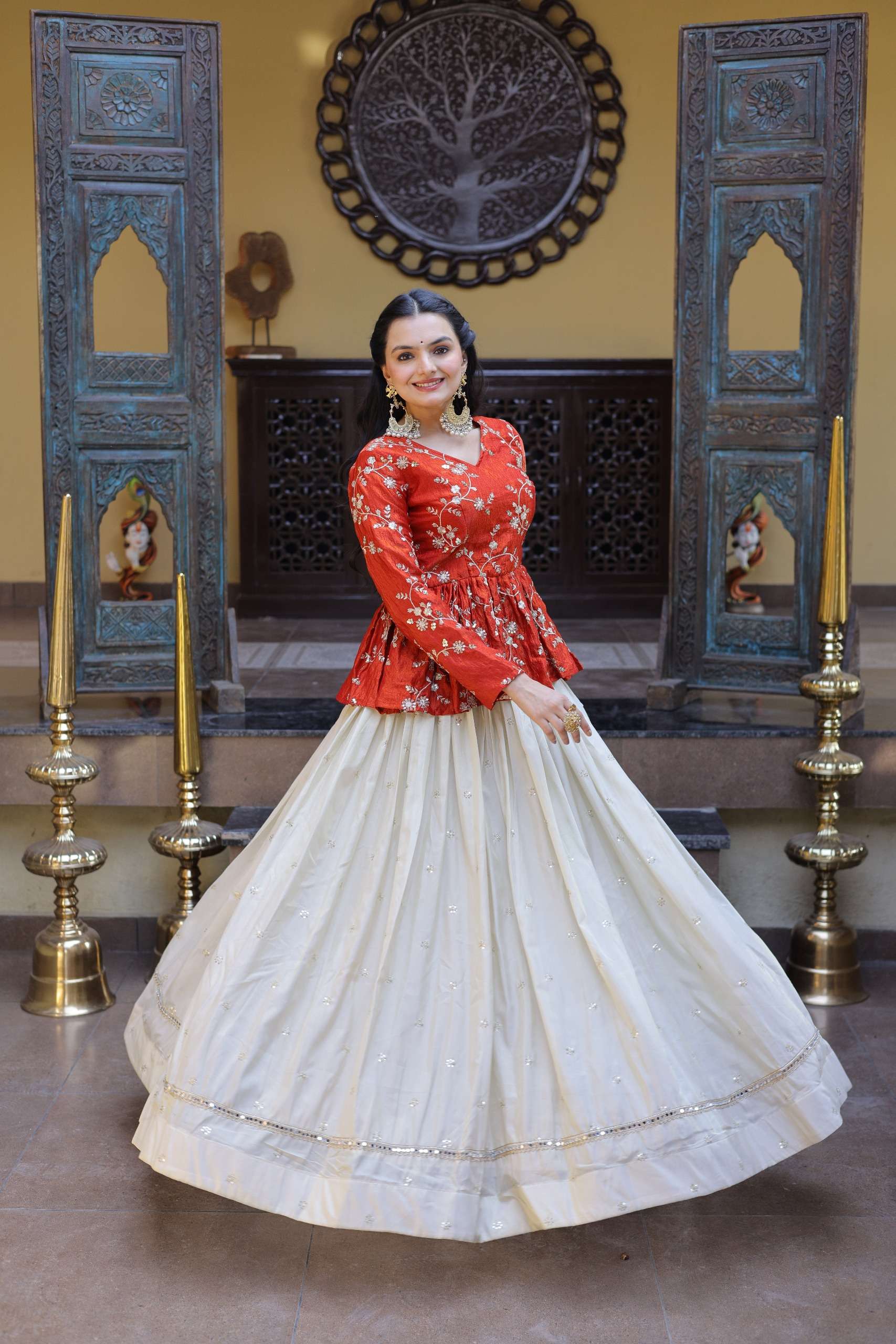 INDIAN DESIGNER FANCY WEDDING PARTY WEAR READYMADE RED SILK TOP CHIKU SKIRT PEPLUM SALWAR SUIT LW 7163 A