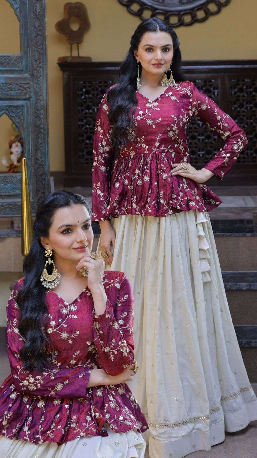 INDIAN DESIGNER FANCY WEDDING PARTY WEAR READYMADE PURPLE SILK TOP CHIKU SKIRT PEPLUM SALWAR SUIT LW 7163 B