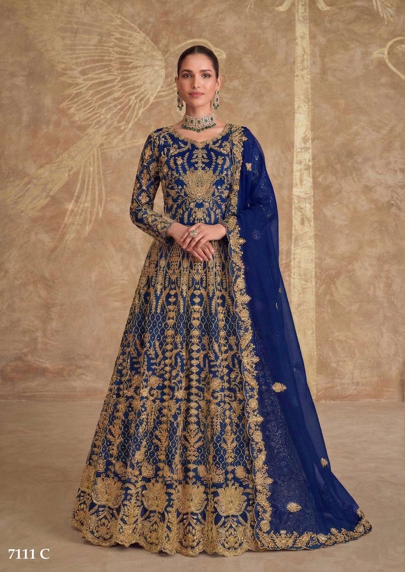 LATEST DESIGNER BLUE ANARKALI PARTY WEAR LONG GOWN IN BUTTERFLY NET SENHORA DRESS 7111 C