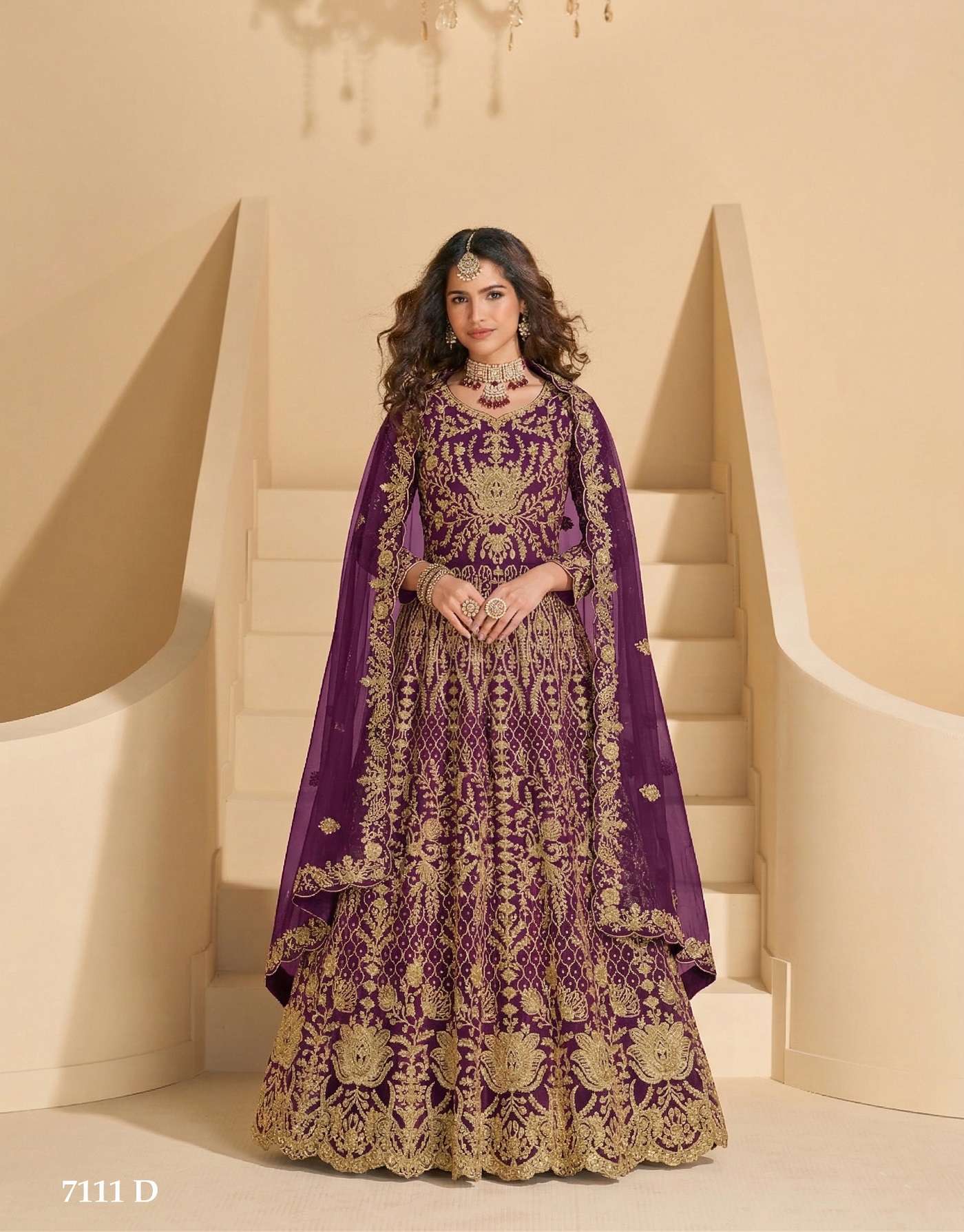 LATEST DESIGNER PURPLE ANARKALI PARTY WEAR LONG GOWN IN BUTTERFLY NET SENHORA DRESS 7111 D