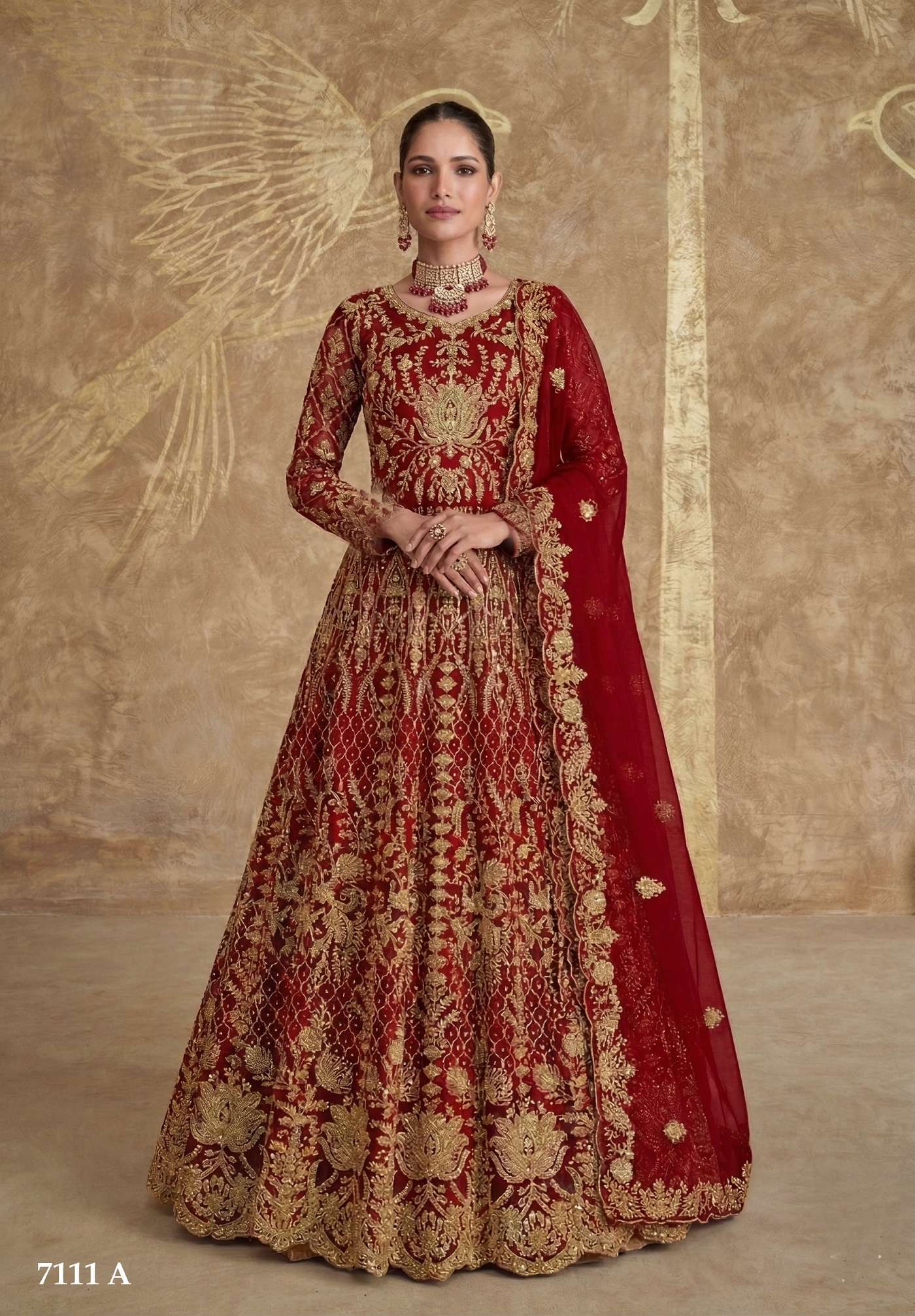 LATEST DESIGNER RED ANARKALI PARTY WEAR LONG GOWN IN BUTTERFLY NET SENHORA DRESS 7111 A