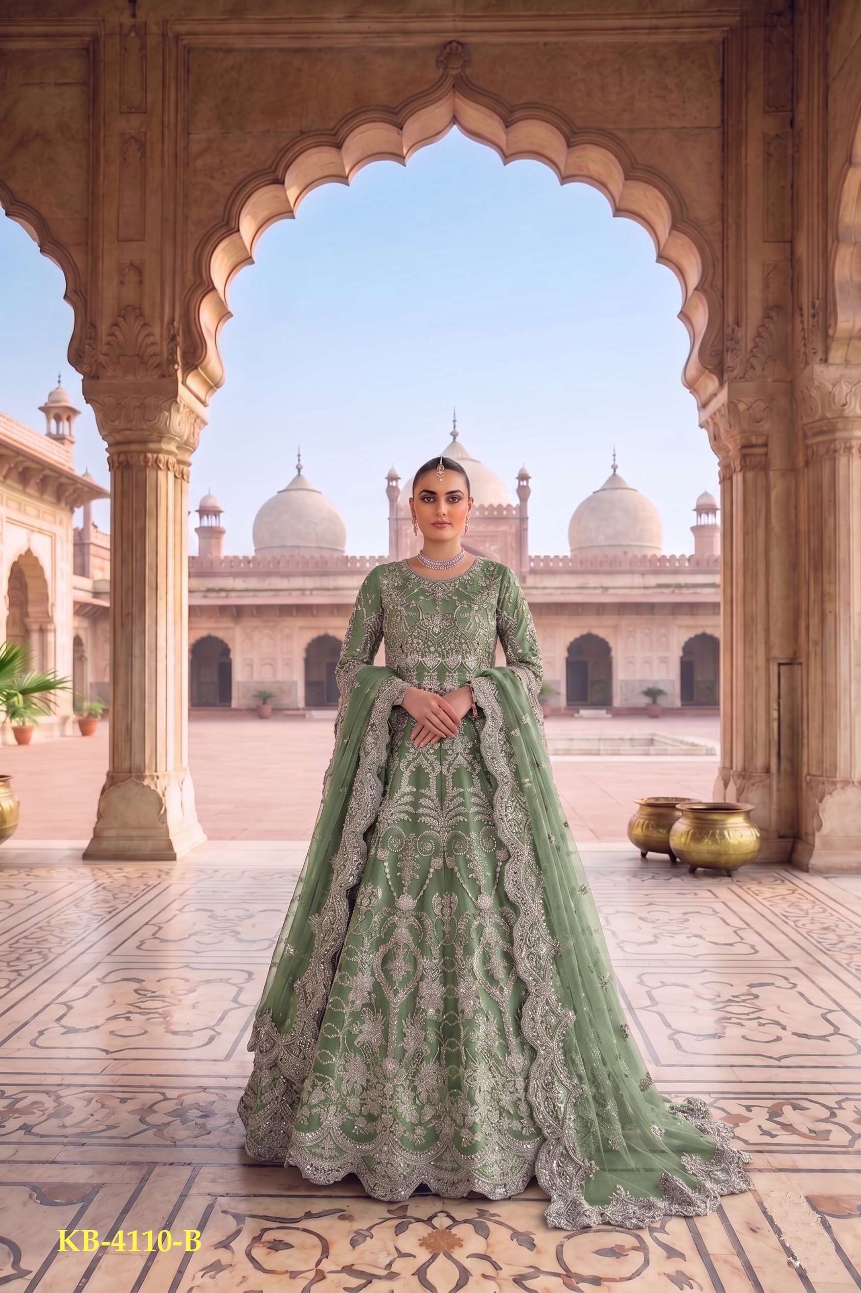 LATEST DESIGNER WEDDING ANARKALI PARTY WEAR GREEN SALWAR SUIT LONG GOWN IN BUTTERFLY NET KB 4110 B