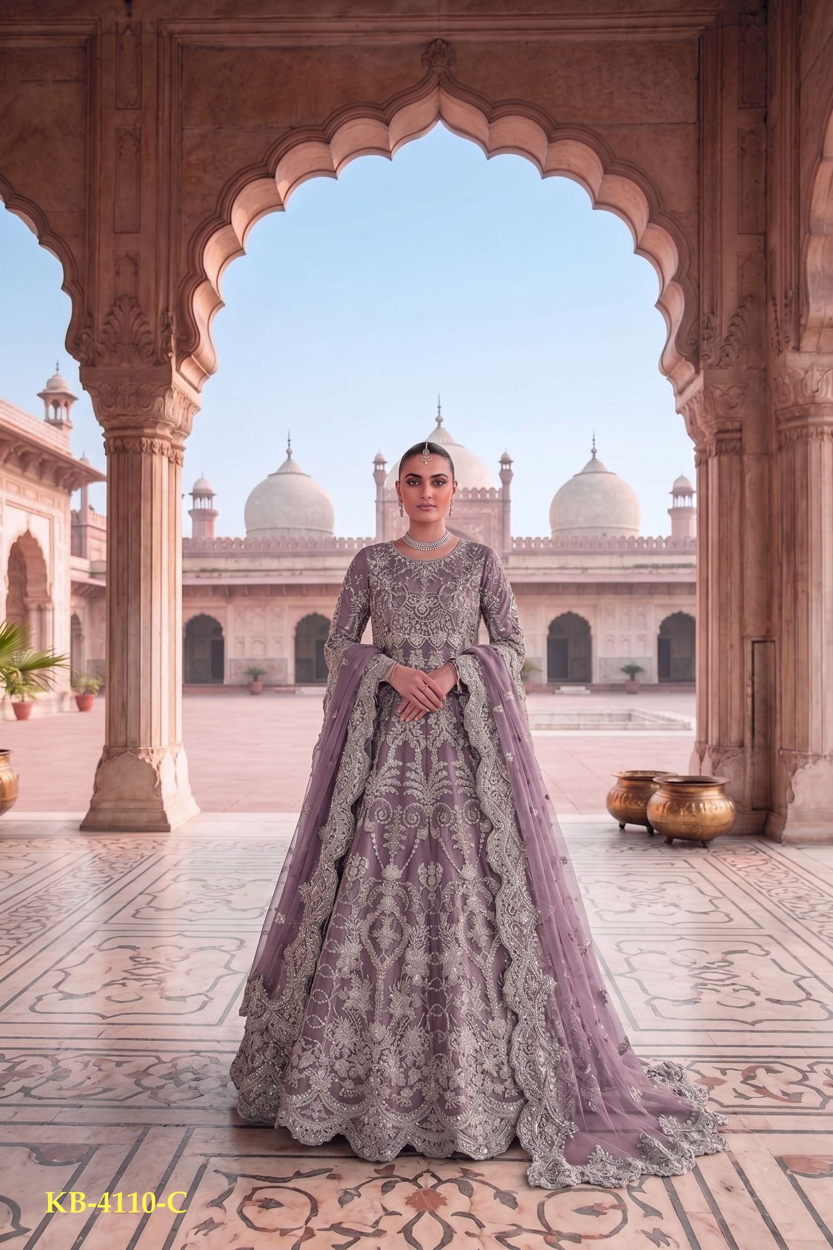 LATEST DESIGNER WEDDING ANARKALI PARTY WEAR LAVENDER SALWAR SUIT LONG GOWN IN BUTTERFLY NET KB 4110 C
