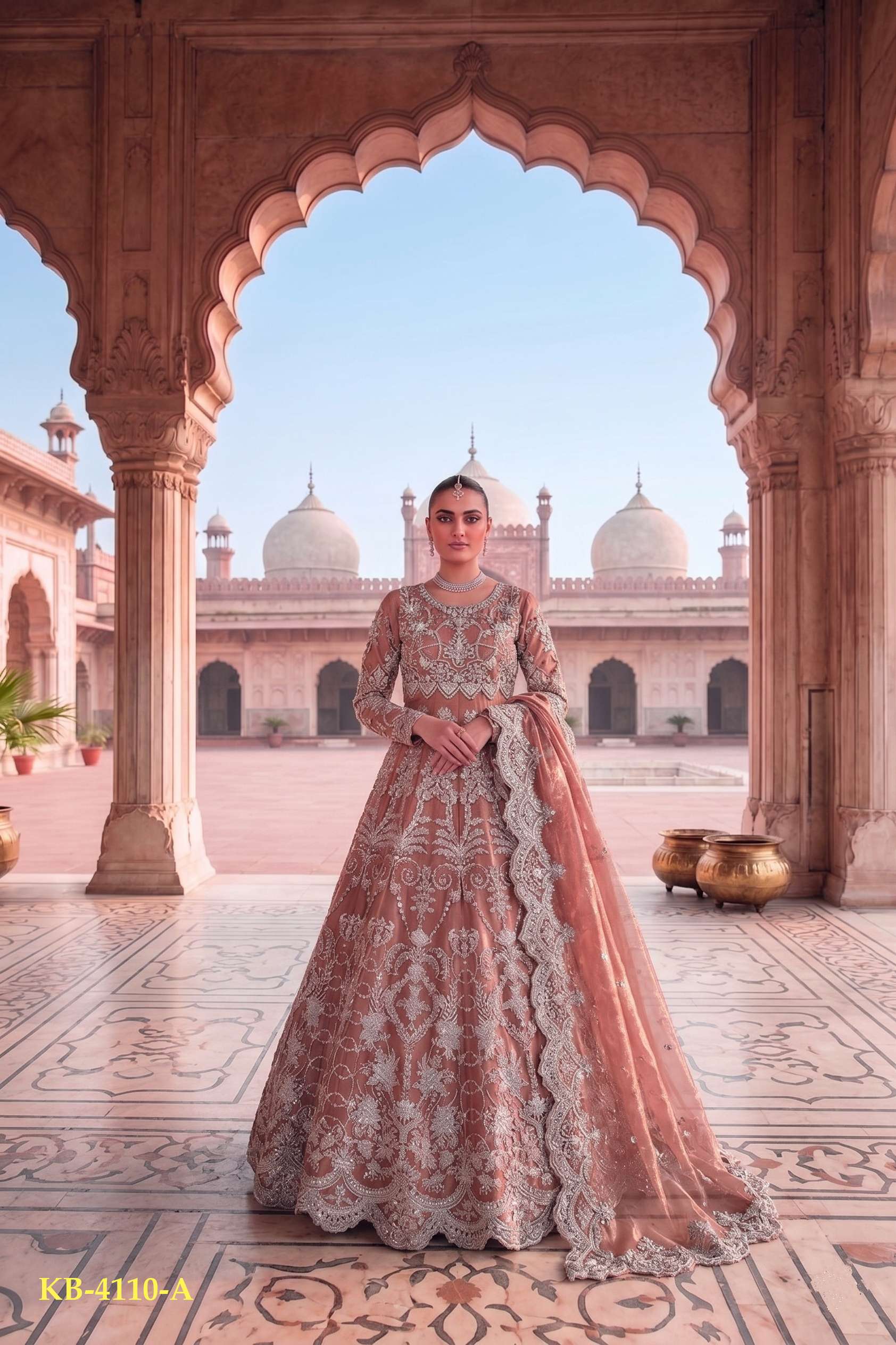 LATEST DESIGNER WEDDING ANARKALI PARTY WEAR PEACH SALWAR SUIT LONG GOWN IN BUTTERFLY NET KB 4110 A