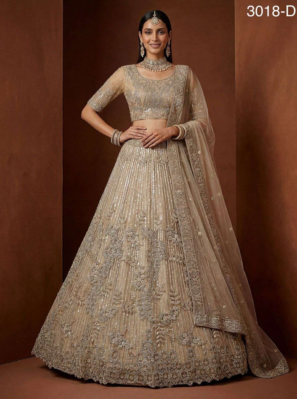 PREMIUM BRIDAL DESIGNER HEAVY CHIKU NET LEHENGA WITH ZARKAN AND SQUENCE WORK DESIGN SM 3018 D