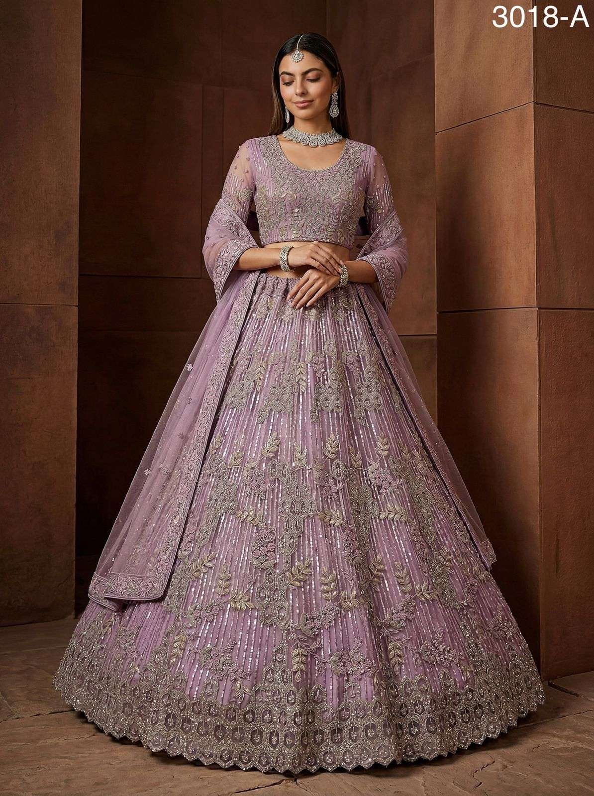 PREMIUM BRIDAL DESIGNER HEAVY NET LEHENGA WITH PURPLE ZARKAN AND SQUENCE WORK DESIGN SM 3018 A