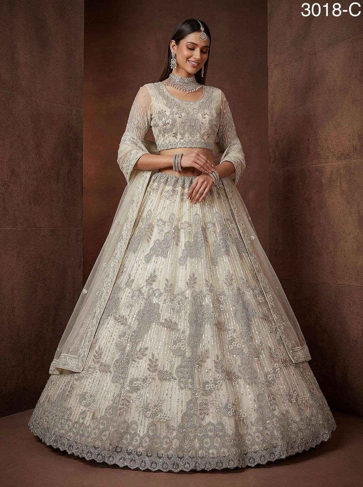 PREMIUM BRIDAL DESIGNER HEAVY WHITE NET LEHENGA WITH ZARKAN AND SQUENCE WORK DESIGN SM 3018 C