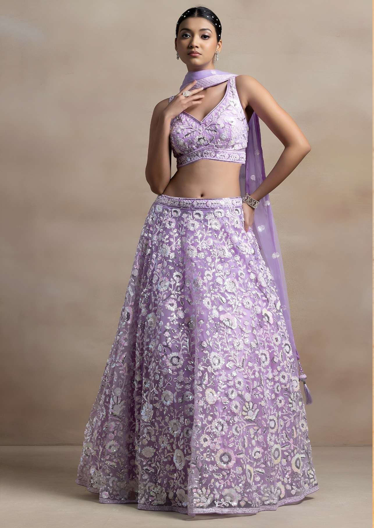 DESIGNER BOLLYWOOD BRIDAL WEDDING PARTY WEAR LAVENDER NET LEHENGA CHOLI SENHORA DRESSES ZC 5126 B