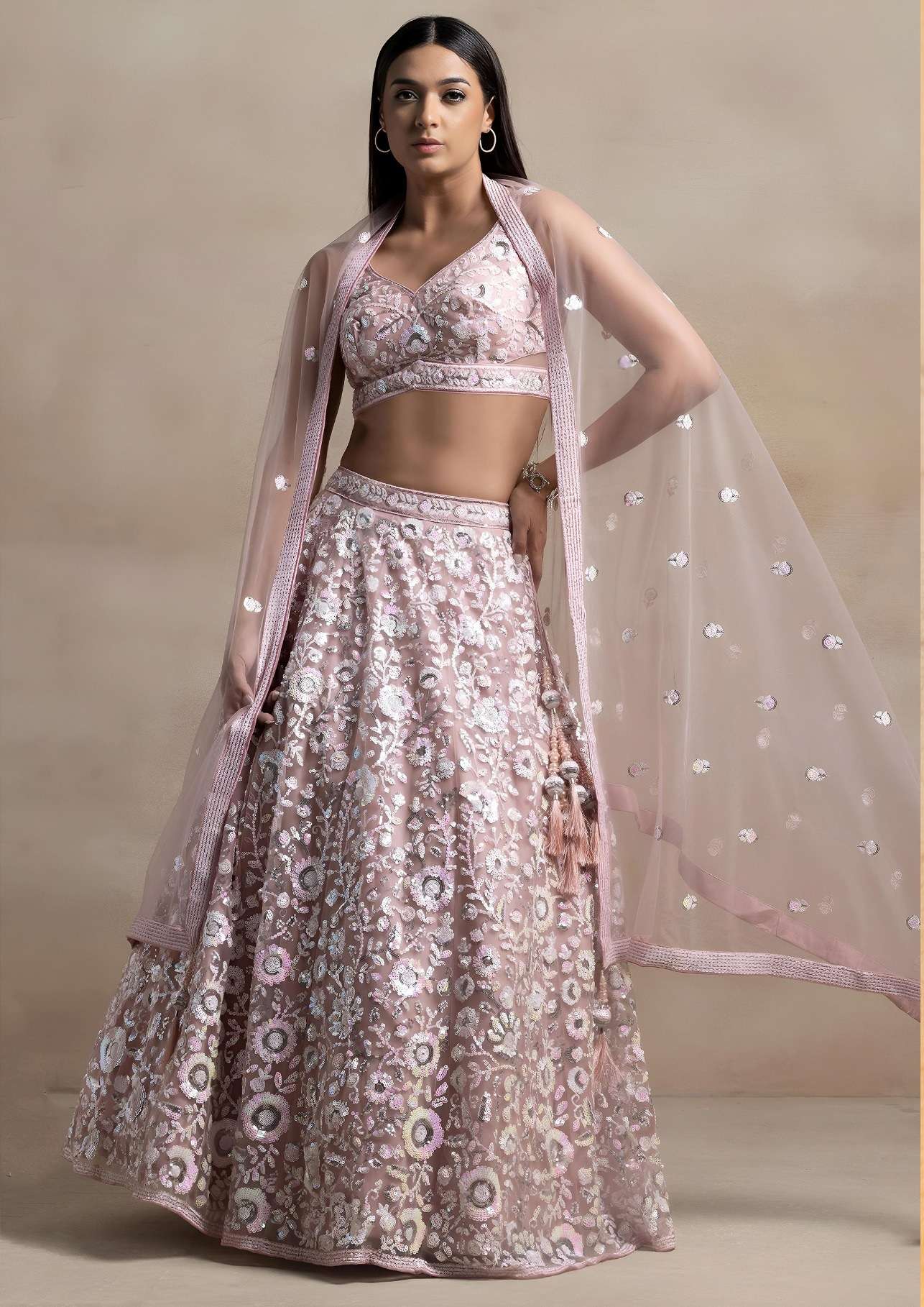 DESIGNER BOLLYWOOD BRIDAL WEDDING PARTY WEAR PINK NET LEHENGA CHOLI SENHORA DRESSES ZC 5126 C