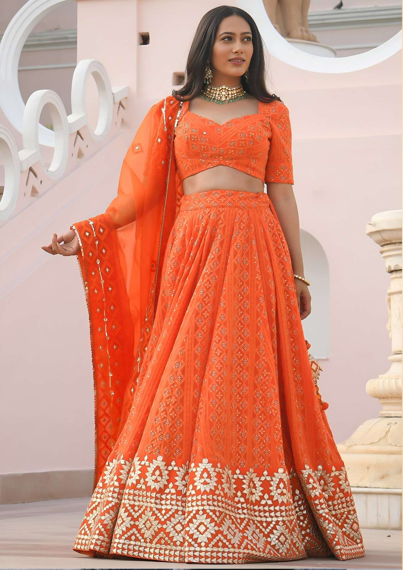 DESIGNER BRIDAL WEDDING PARTY WEAR ORANGE GEORGETTE LEHENGA CHOLI SENHORA DRESSES ZC 7081