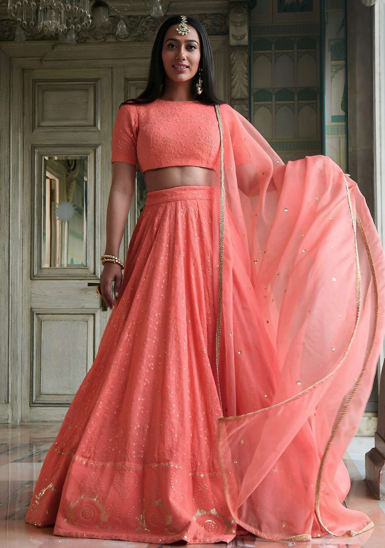 DESIGNER BRIDAL WEDDING PARTY WEAR PEACH GEORGETTE LEHENGA CHOLI SENHORA DRESSES ZC 7083
