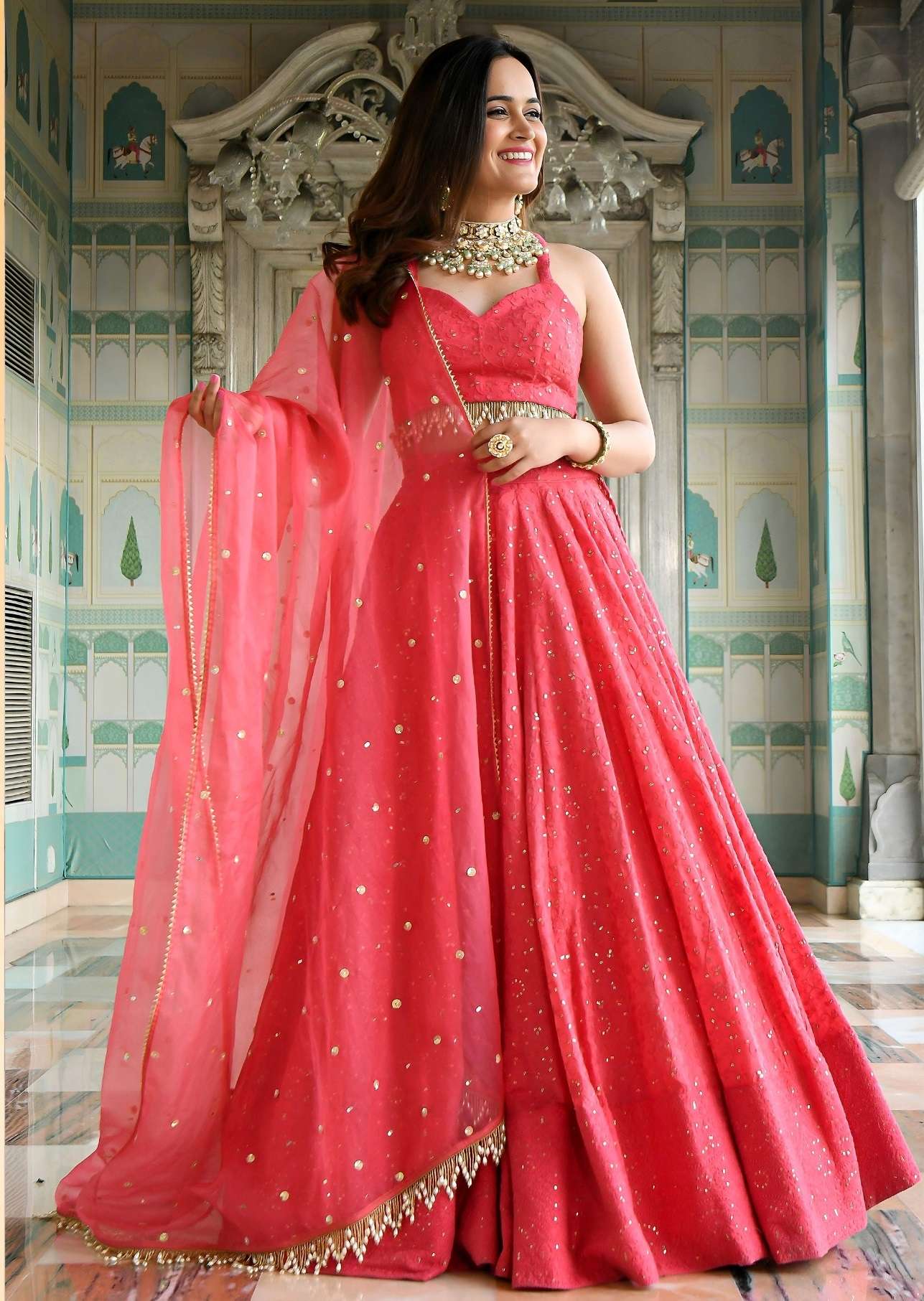DESIGNER BRIDAL WEDDING PARTY WEAR PINK GEORGETTE LEHENGA CHOLI SENHORA DRESSES ZC 70