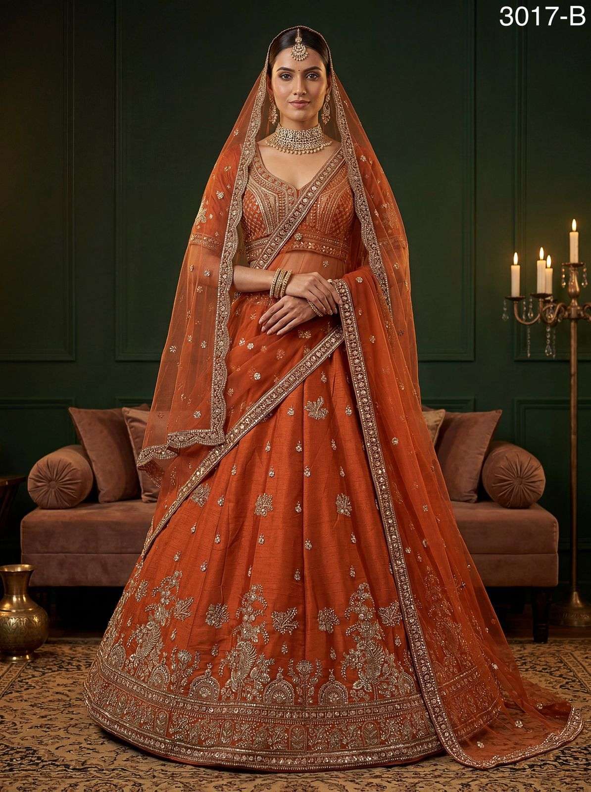 DESIGNER BRIDAL WEDDING PARTY WEAR SILK HAND WORK SEQUENCE DOUBLE DUPATTA ORANGE SILK LEHENGA CHOLI SENHORA DRESSES SM 3017 B